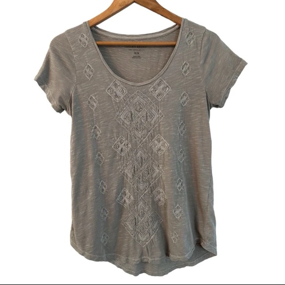 Lucky Brand Tops - Lucky Brand Grey Short Sleeve Cotton Blouse with Embroidery size Medium